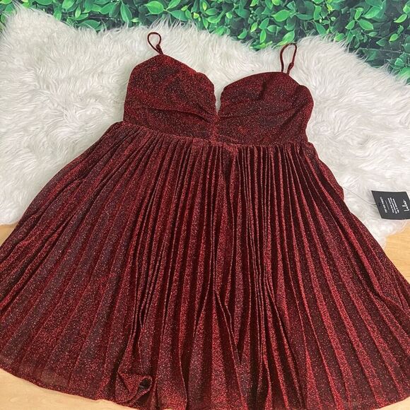 Lulus Shine Tonight Red Sparkly Pleated Skater Dress - Picture 9 of 12